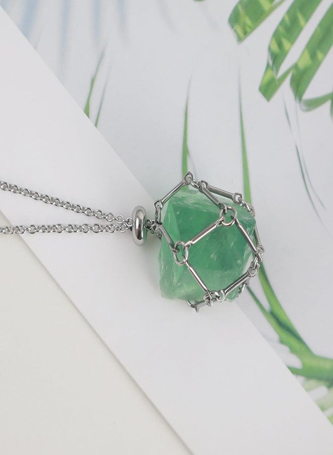 Anjiucc Handmade Crystal Holder Necklace - Stainless Steel Cage for Stone, Crystal Pendant Necklace,Quartz Gemstone Jewelry for Women Men. (A-Silvery-Green Fluorite) - Image 3